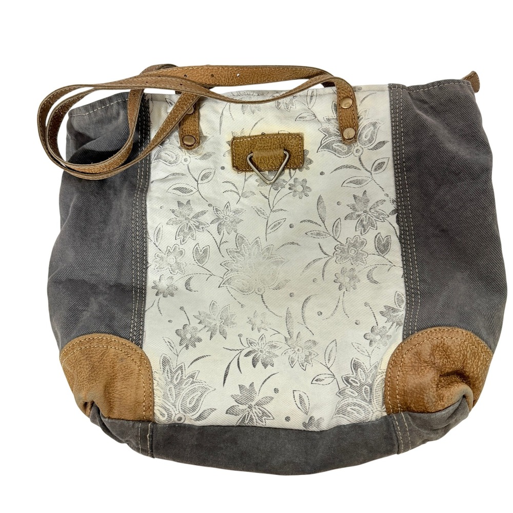 Myra Bag Floral Canvas Leather Tote Shoulder Bag Grey Boho Abstract Key S-1456